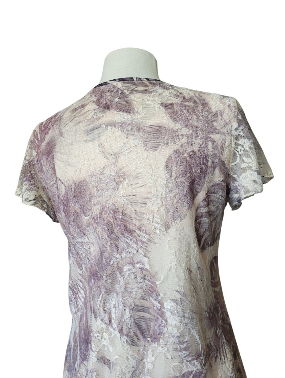 Y2K Fairycore Lace Overlay Botanical Print Blouse Rhinestones Lavender Cream - Picture 7 of 14